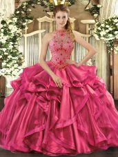Hot Pink Organza Lace Up Ball Gown Prom Dress Sleeveless Floor Length Beading and Embroidery and Ruffles