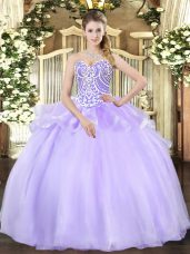 Attractive Lavender Lace Up Sweet 16 Dress Beading Sleeveless Floor Length