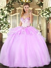 Fitting Sleeveless Organza Floor Length Lace Up Quinceanera Gown in Lilac with Beading