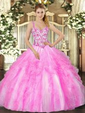 Lilac Ball Gowns Organza Straps Sleeveless Appliques and Ruffles Floor Length Lace Up Quince Ball Gowns