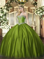 Olive Green Ball Gowns Beading Sweet 16 Dress Lace Up Satin Sleeveless Floor Length
