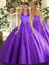 Stylish Tulle Halter Top Sleeveless Lace Up Appliques Quinceanera Gown in Purple