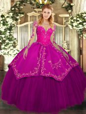 Floor Length Ball Gowns Long Sleeves Fuchsia Sweet 16 Dresses Lace Up