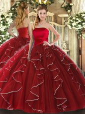 Decent Floor Length Wine Red Quinceanera Gowns Tulle Sleeveless Ruffled Layers