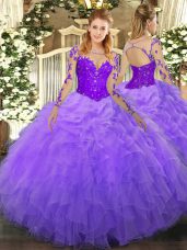 Lavender Lace Up Quinceanera Dresses Lace and Ruffles Long Sleeves Floor Length