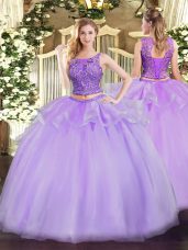 Sleeveless Organza Floor Length Lace Up Quince Ball Gowns in Lavender with Beading