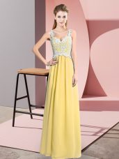 Yellow Empire Lace Prom Dress Zipper Chiffon Sleeveless Floor Length