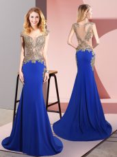 Custom Fit Beading Prom Dress Royal Blue Side Zipper Sleeveless Sweep Train