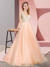 Best Floor Length Peach Womens Party Dresses V-neck Sleeveless Zipper