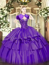 Great Purple Sleeveless Organza and Taffeta Lace Up Sweet 16 Dress for Military Ball and Sweet 16 and Quinceanera