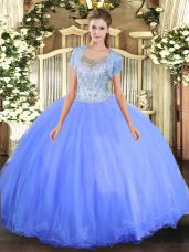 Blue Sleeveless Beading Floor Length Ball Gown Prom Dress