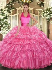 Rose Pink Lace Up Quinceanera Dresses Ruffled Layers and Pick Ups Sleeveless Floor Length