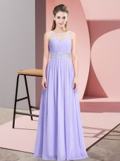Sleeveless Chiffon Floor Length Lace Up Dress for Prom in Lavender with Beading