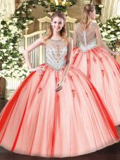 Traditional Scoop Sleeveless Quinceanera Gown Floor Length Beading and Appliques Coral Red Tulle