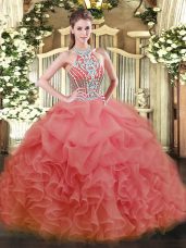 Decent Watermelon Red Sleeveless Beading Floor Length 15th Birthday Dress