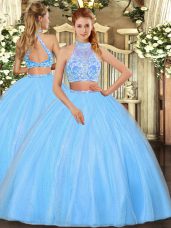 Romantic Beading Quinceanera Dresses Aqua Blue Criss Cross Sleeveless Floor Length