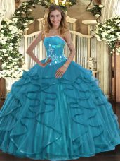 Customized Teal Tulle Lace Up Quinceanera Gowns Sleeveless Floor Length Beading and Ruffles