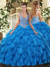 Blue Straps Neckline Beading and Ruffles Quinceanera Gowns Sleeveless Lace Up