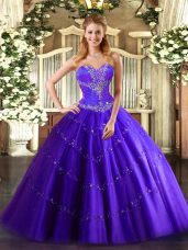 Customized Purple Sleeveless Floor Length Beading Lace Up Sweet 16 Quinceanera Dress