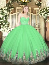 Sleeveless Floor Length Beading and Lace and Appliques Zipper Vestidos de Quinceanera with Green