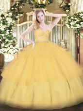 Inexpensive Gold Quince Ball Gowns Military Ball and Sweet 16 and Quinceanera with Beading and Lace and Ruffled Layers Sweetheart Sleeveless Zipper