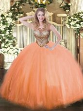 Latest Orange Red Tulle Lace Up Quinceanera Dresses Sleeveless Floor Length Beading