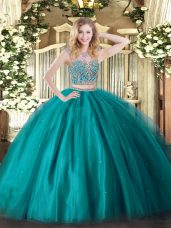 Sumptuous Teal Tulle Lace Up Scoop Sleeveless Floor Length Sweet 16 Dresses Beading