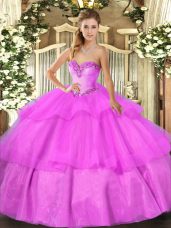 Floor Length Lilac Quince Ball Gowns Tulle Sleeveless Beading and Ruffled Layers