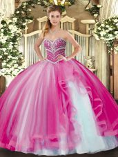 Fuchsia Ball Gowns Tulle Sweetheart Sleeveless Beading and Ruffles Floor Length Lace Up Ball Gown Prom Dress