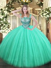 Exceptional Beading Quince Ball Gowns Turquoise Lace Up Sleeveless Floor Length