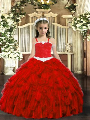 Wine Red Organza Lace Up Straps Sleeveless Floor Length Girls Pageant Dresses Appliques and Ruffles
