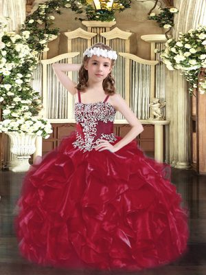 Nice Wine Red Lace Up Straps Appliques and Ruffles Party Dress Wholesale Organza Sleeveless