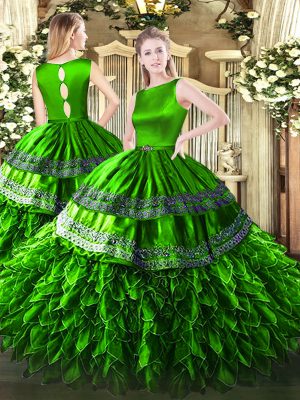 Floor Length Green Quinceanera Dress Satin and Organza Sleeveless Ruffles