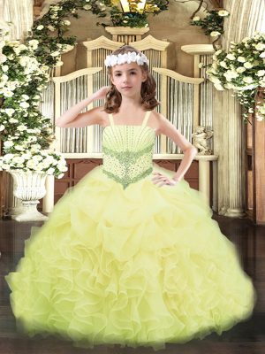 Inexpensive Yellow Organza Lace Up Straps Sleeveless Floor Length Pageant Gowns For Girls Beading and Ruffles and Pick Ups