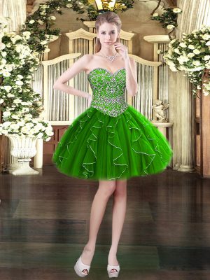 Dark Green Sleeveless Beading and Ruffles Mini Length Homecoming Dress