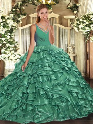 With Train Ball Gowns Sleeveless Turquoise 15 Quinceanera Dress Sweep Train Backless