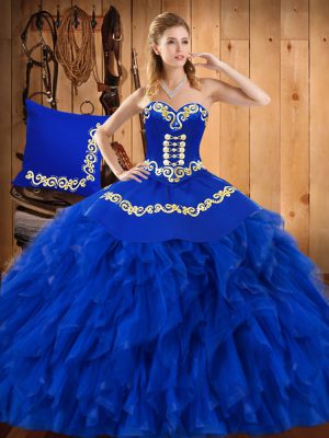 Blue Satin and Organza Lace Up Quinceanera Gown Sleeveless Floor Length Embroidery and Ruffles