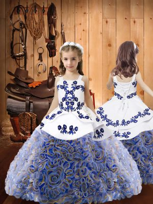Simple Embroidery and Ruffles Little Girls Pageant Dress Multi-color Lace Up Sleeveless Floor Length