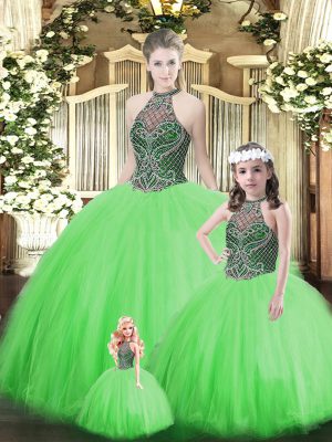 Fitting Green Sleeveless Tulle Lace Up Quince Ball Gowns for Military Ball and Sweet 16 and Quinceanera