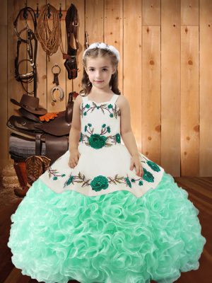 Sleeveless Fabric With Rolling Flowers Floor Length Lace Up Custom Made in Apple Green with Embroidery and Ruffles