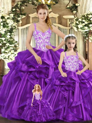 Straps Sleeveless Quinceanera Gowns Floor Length Beading and Ruffles Purple Organza