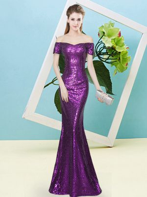 Stylish Purple Short Sleeves Floor Length Sequins Zipper Homecoming Dress