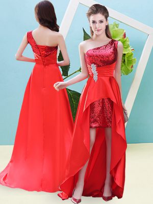Glorious Red A-line Elastic Woven Satin and Sequined One Shoulder Sleeveless Beading and Sequins High Low Lace Up Prom Dress