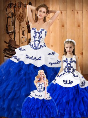 Glamorous Floor Length Royal Blue Vestidos de Quinceanera Lace Sleeveless Embroidery and Ruffles