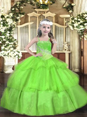 Ball Gowns Straps Sleeveless Organza Floor Length Lace Up Beading and Ruffled Layers Kids Formal Wear