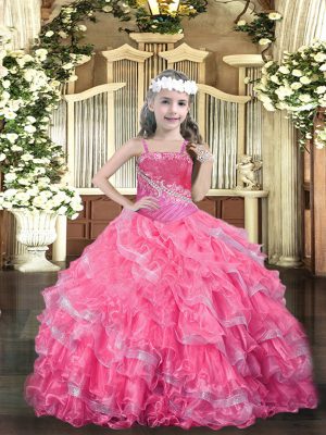 Latest Straps Sleeveless Lace Up Party Dresses Hot Pink Organza