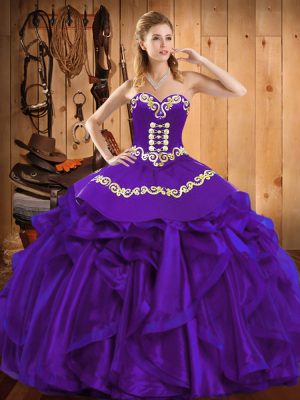 Purple Ball Gowns Organza Sweetheart Sleeveless Embroidery and Ruffles Floor Length Lace Up Quinceanera Dresses