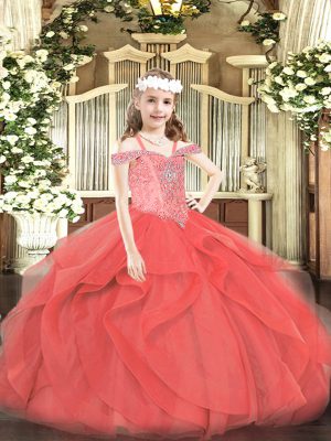 Coral Red Kids Pageant Dress Party and Quinceanera with Beading and Ruffles Off The Shoulder Sleeveless Lace Up
