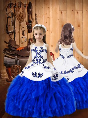 Royal Blue Organza Lace Up Kids Formal Wear Sleeveless Floor Length Embroidery and Ruffles