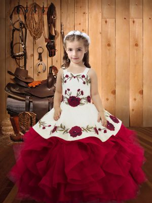 Sleeveless Lace Up Floor Length Embroidery and Ruffles Little Girl Pageant Dress